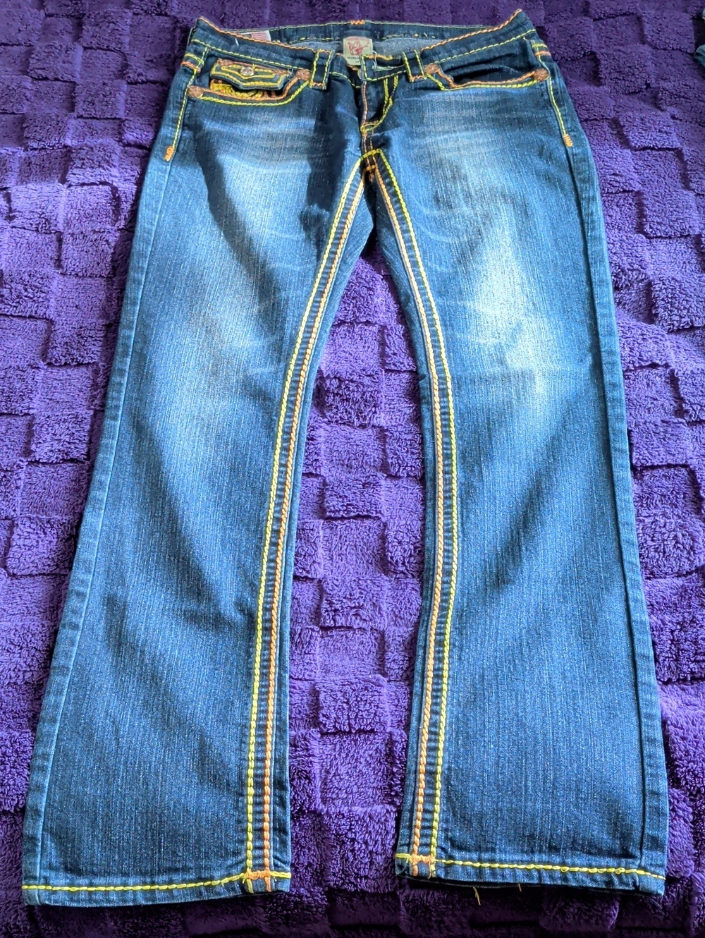 Dark Blue True Religion Flare Jeans with Yellow Contrast Stitching